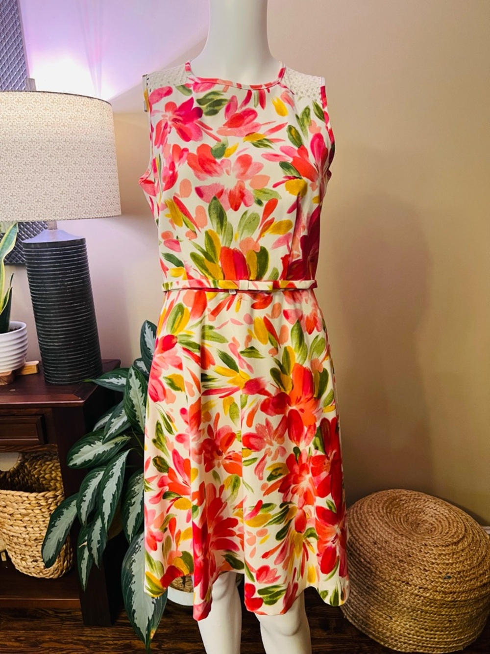 Floral Midi Dress Fit & Flare Lace Yoke Belted Sleeveless Size 6